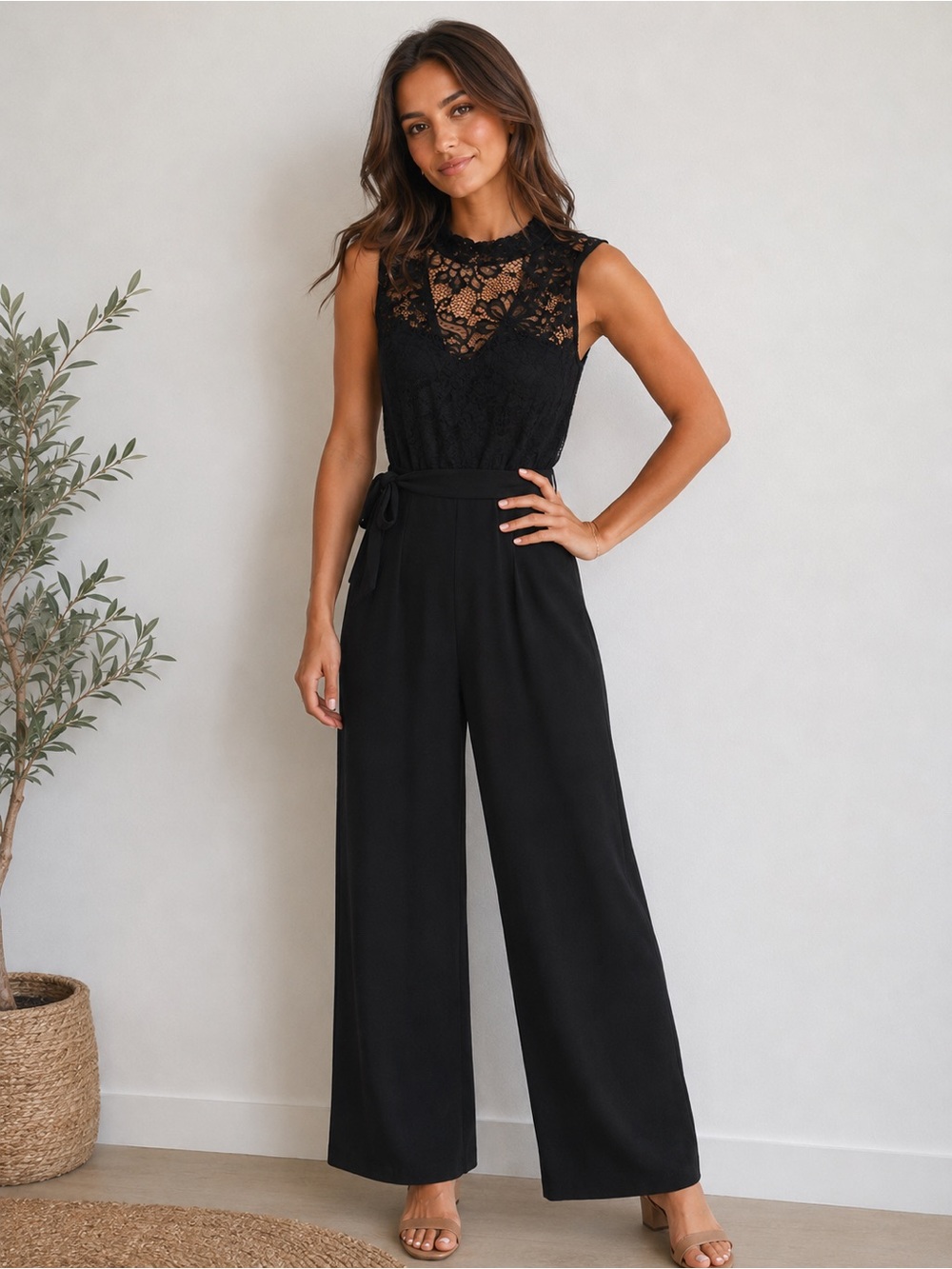 Sleeveless Lace-Top Wide-Leg Jumpsuit in Black